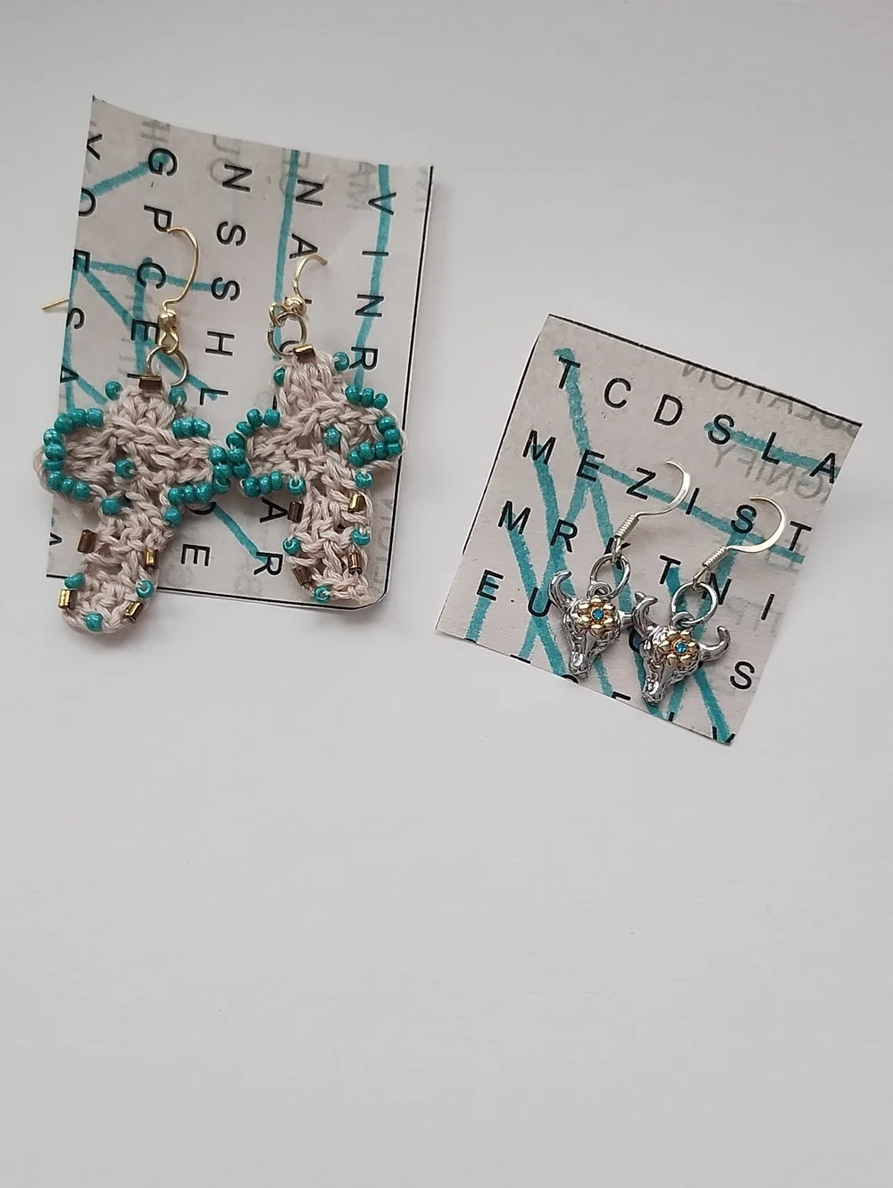 Handmade Beige Crochet Cross Earrings with Teal Beads - Kids Accessories